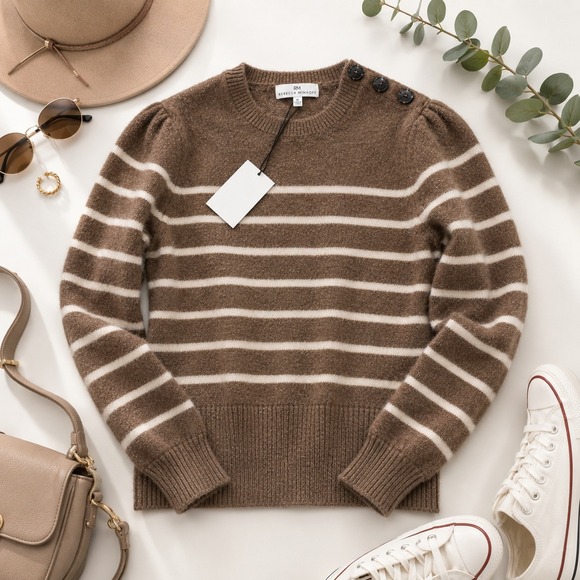 Rebecca Minkoff Sweaters - Rebecca Minkoff Brown Striped Puff Shoulder Button Accent Sweater NWT 7RMD8065J
